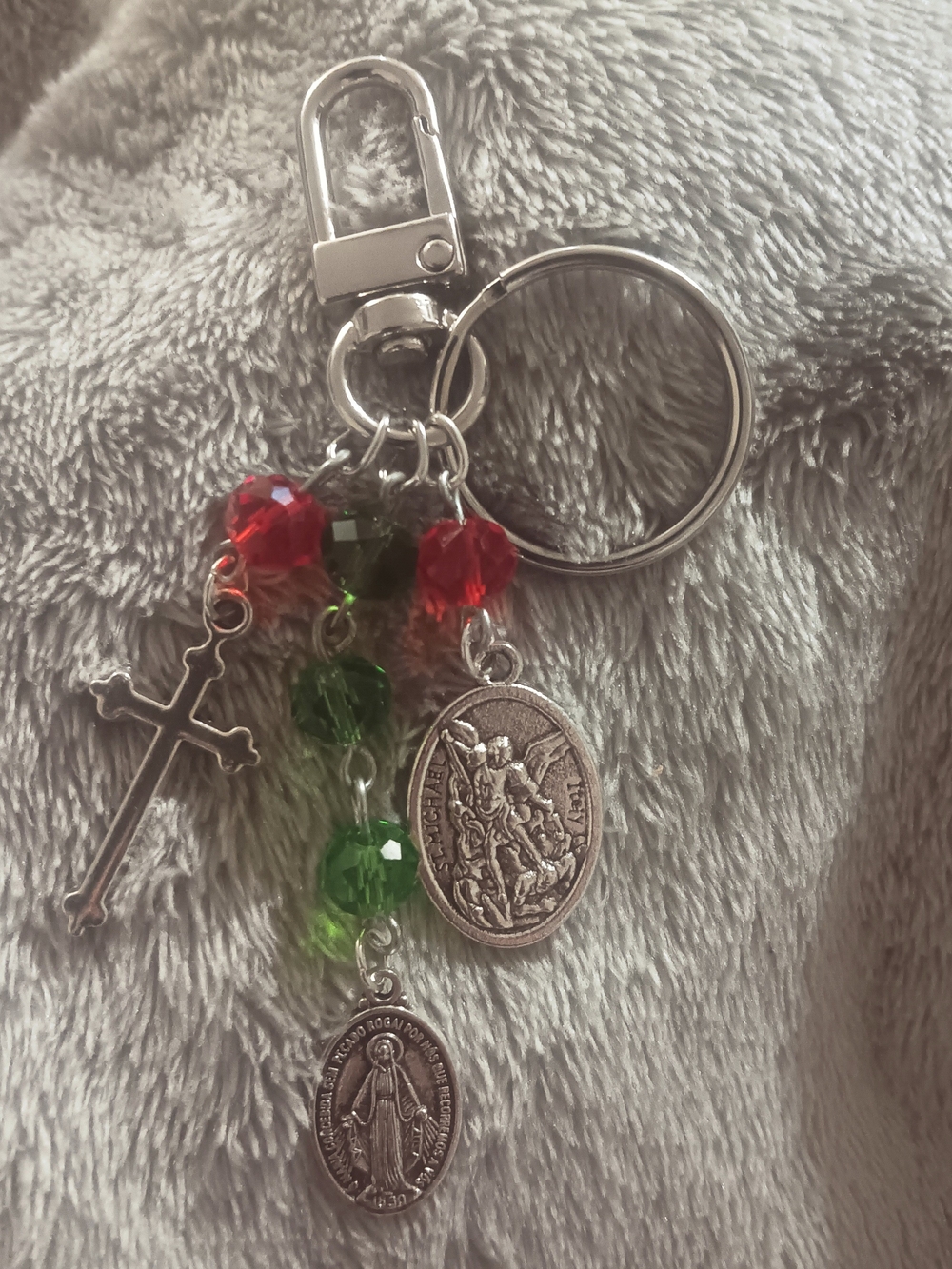 Silver Religious Medal Keychain with Red and Green Beads
